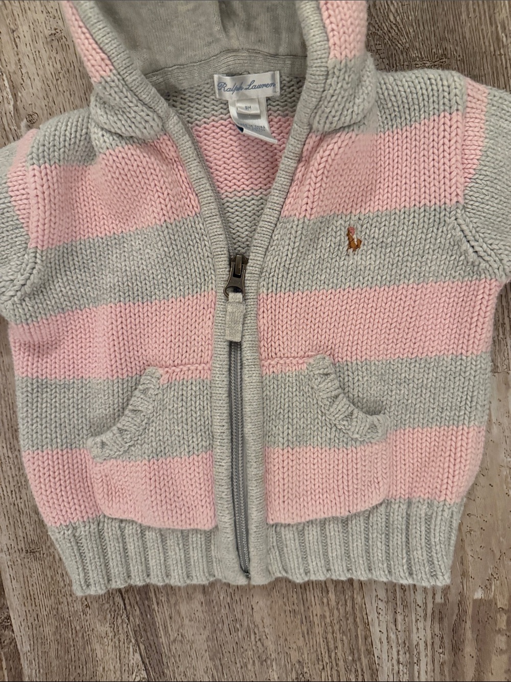 Ralph Lauren Pink & Gray Striped Hooded Zip Knit Sweater - Kids - Picture 4 of 5
